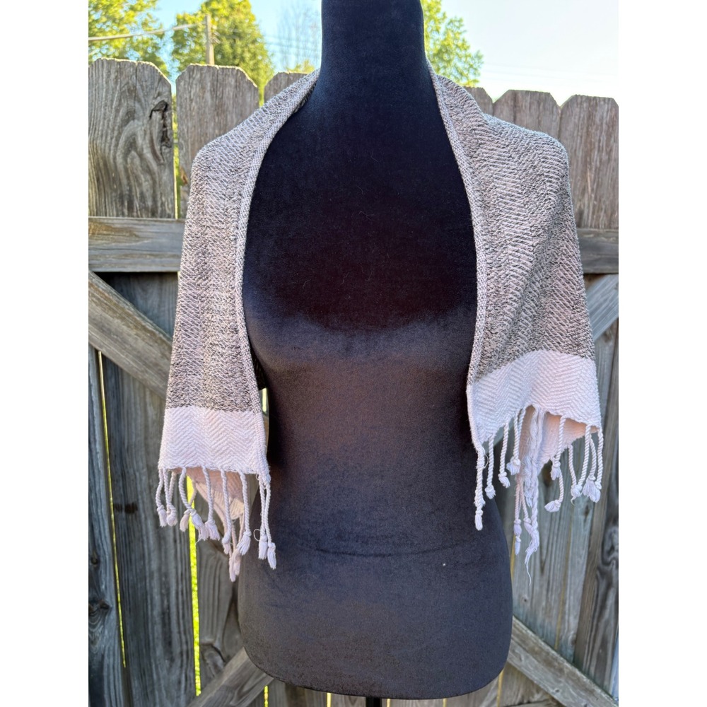 Smyrna Turkish Cotton Grey Cream Herringbone Tassel Fringe Shawl Wrap Scarf